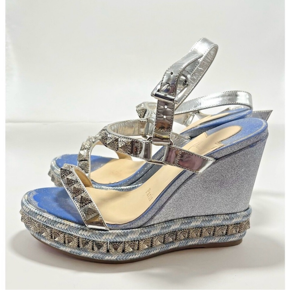 Christian Louboutin Silver Studded Wedge Sandals - Picture 2 of 11